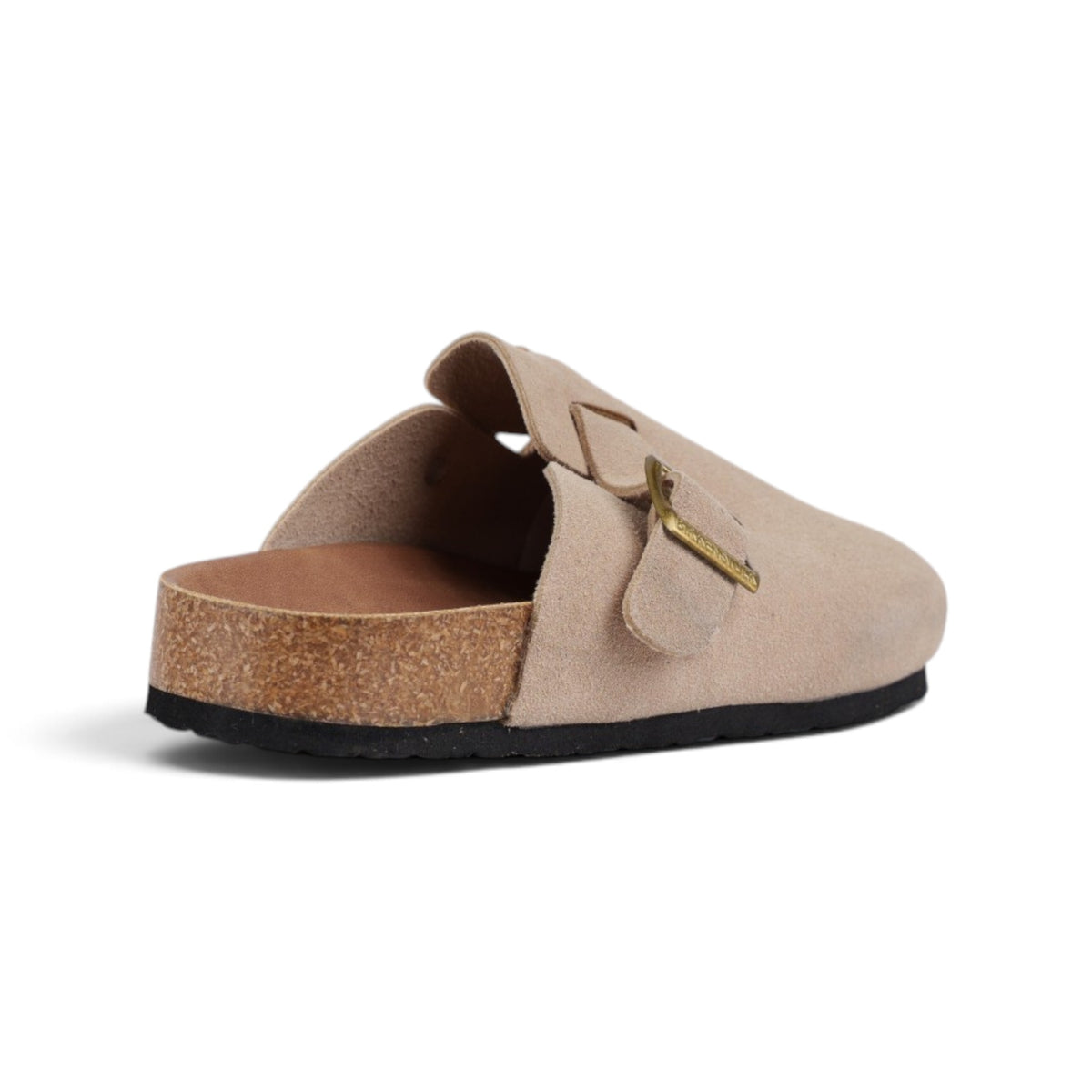 Birkenstock Arizona песочные замшевые сабо — вид сзади, пряжка крупным планом | GAMEOVERSHOP