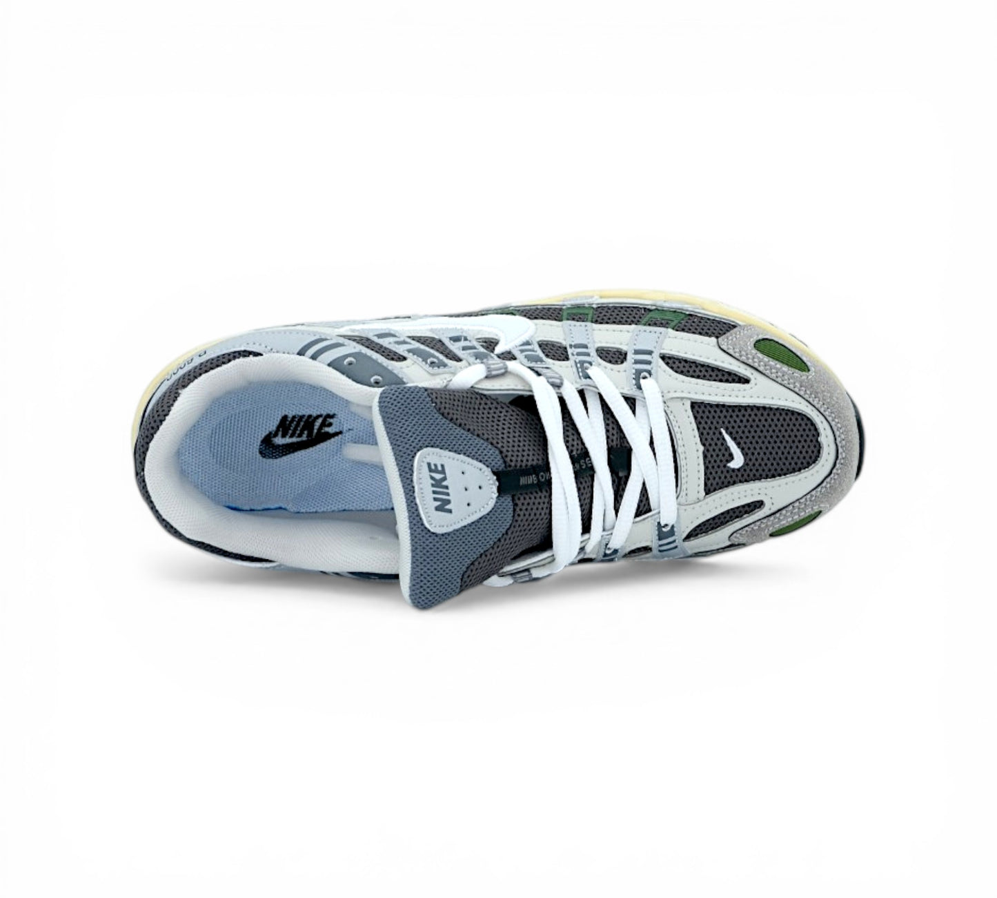 Кроссовки Nike P-6000, серые с зелеными акцентами, вид сбоку