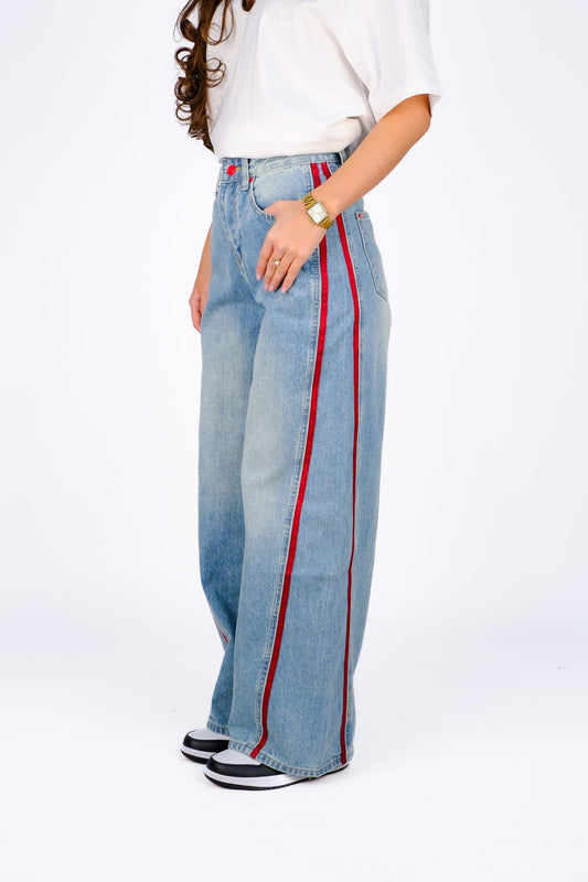 Джинсы wide-leg с лампасом — Голубой