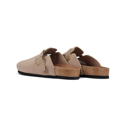 Birkenstock Arizona песочные замшевые сабо — пара, вид сзади сбоку | GAMEOVERSHOP