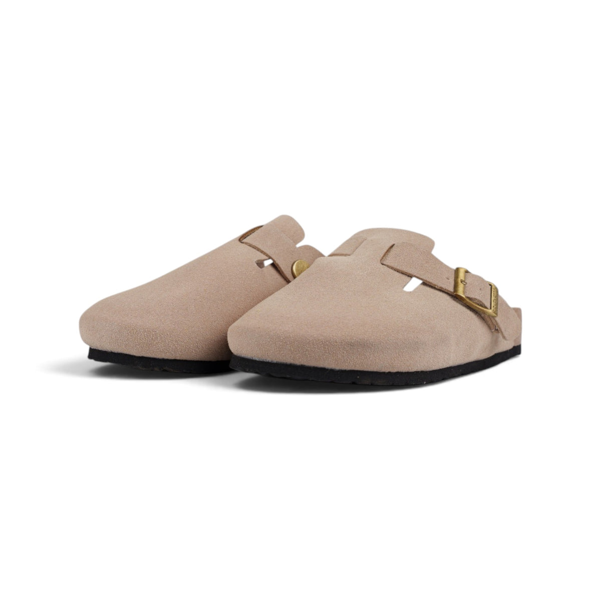Birkenstock Arizona песочные замшевые сабо — пара, вид спереди сбоку | GAMEOVERSHOP
