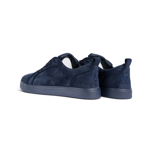 Christian Louboutin Louis Junior тёмно-синие замшевые кроссовки — пара, вид сзади сбоку | GAMEOVERSHOP