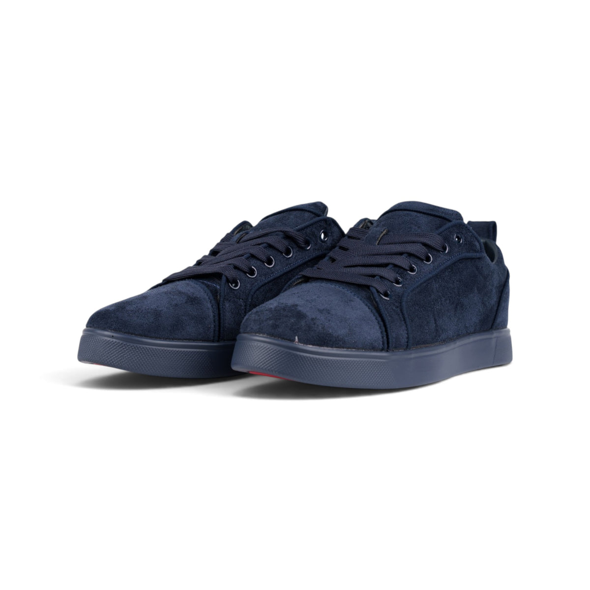 Christian Louboutin Louis Junior тёмно-синие замшевые кроссовки — пара, вид спереди сбоку | GAMEOVERSHOP