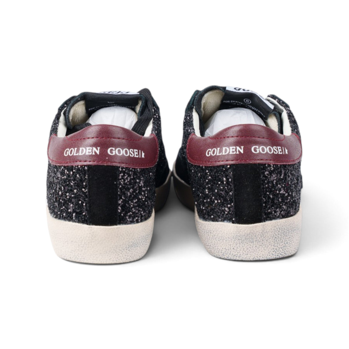 Golden Goose Superstar чёрные кроссовки с глиттером — пара, вид сзади | GAMEOVERSHOP