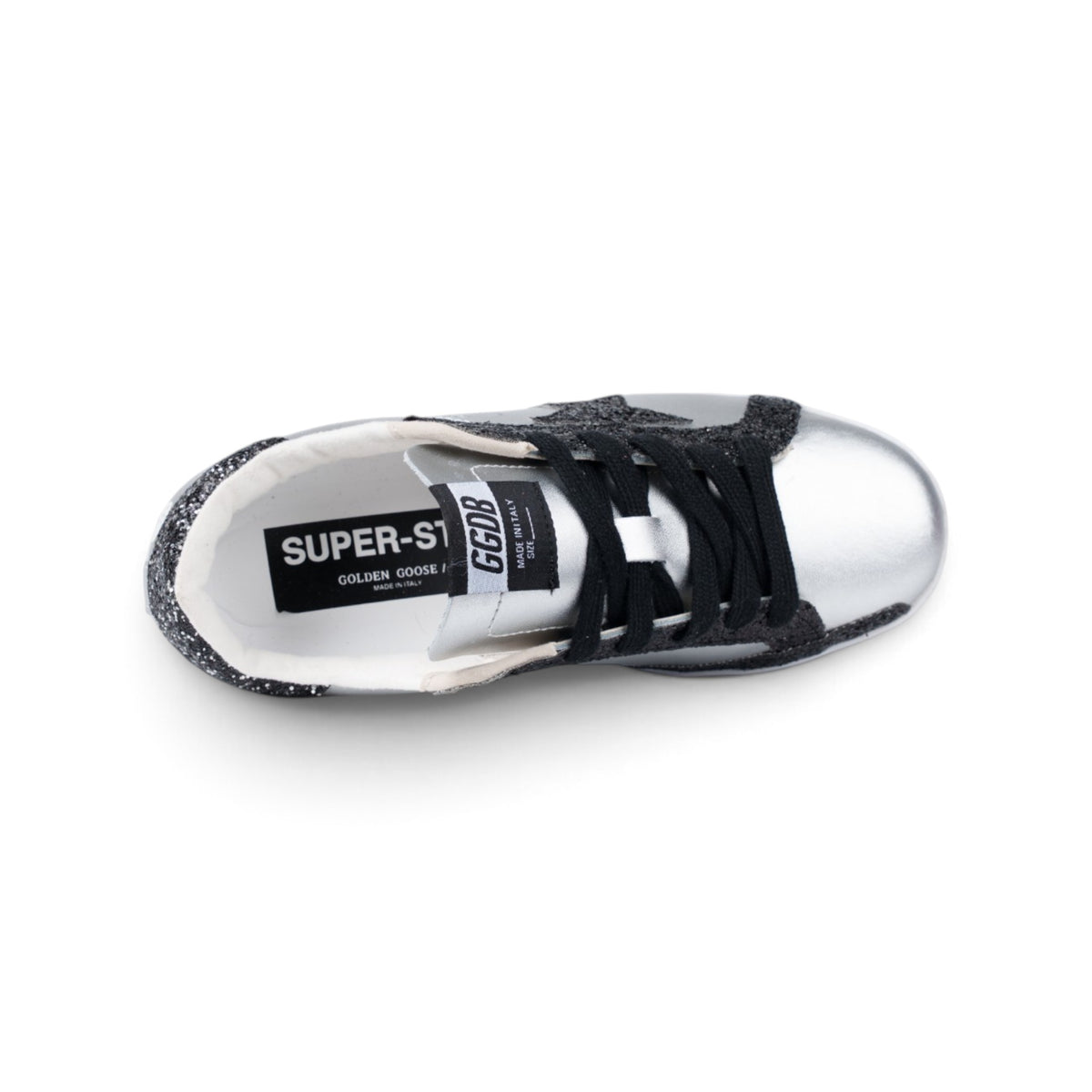 Golden Goose Superstar серебристые кроссовки с чёрным глиттером — вид сверху | GAMEOVERSHOP