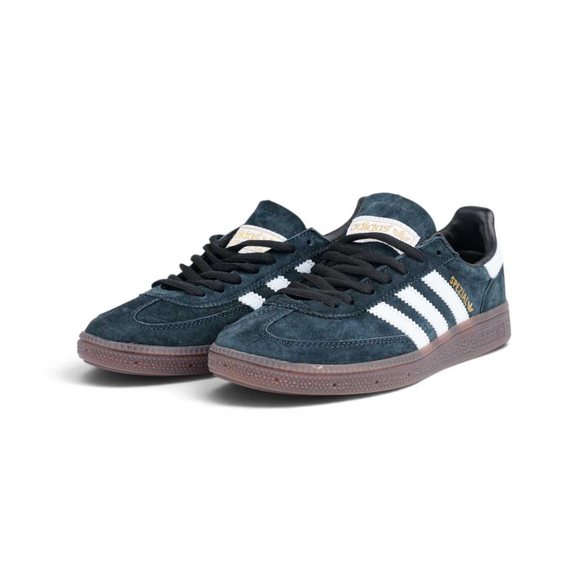 Adidas Handball Spezial тёмные сине-зелёные кроссовки — пара, вид спереди сбоку | GAMEOVERSHOP
