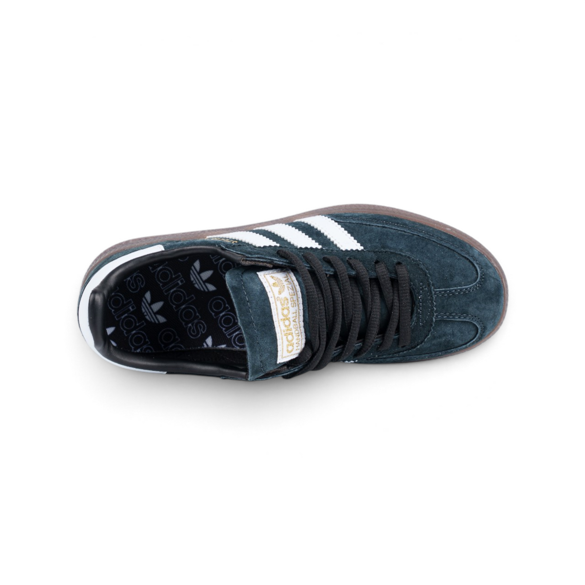 Adidas Handball Spezial тёмные сине-зелёные кроссовки — вид сверху, шнуровка и язык | GAMEOVERSHOP