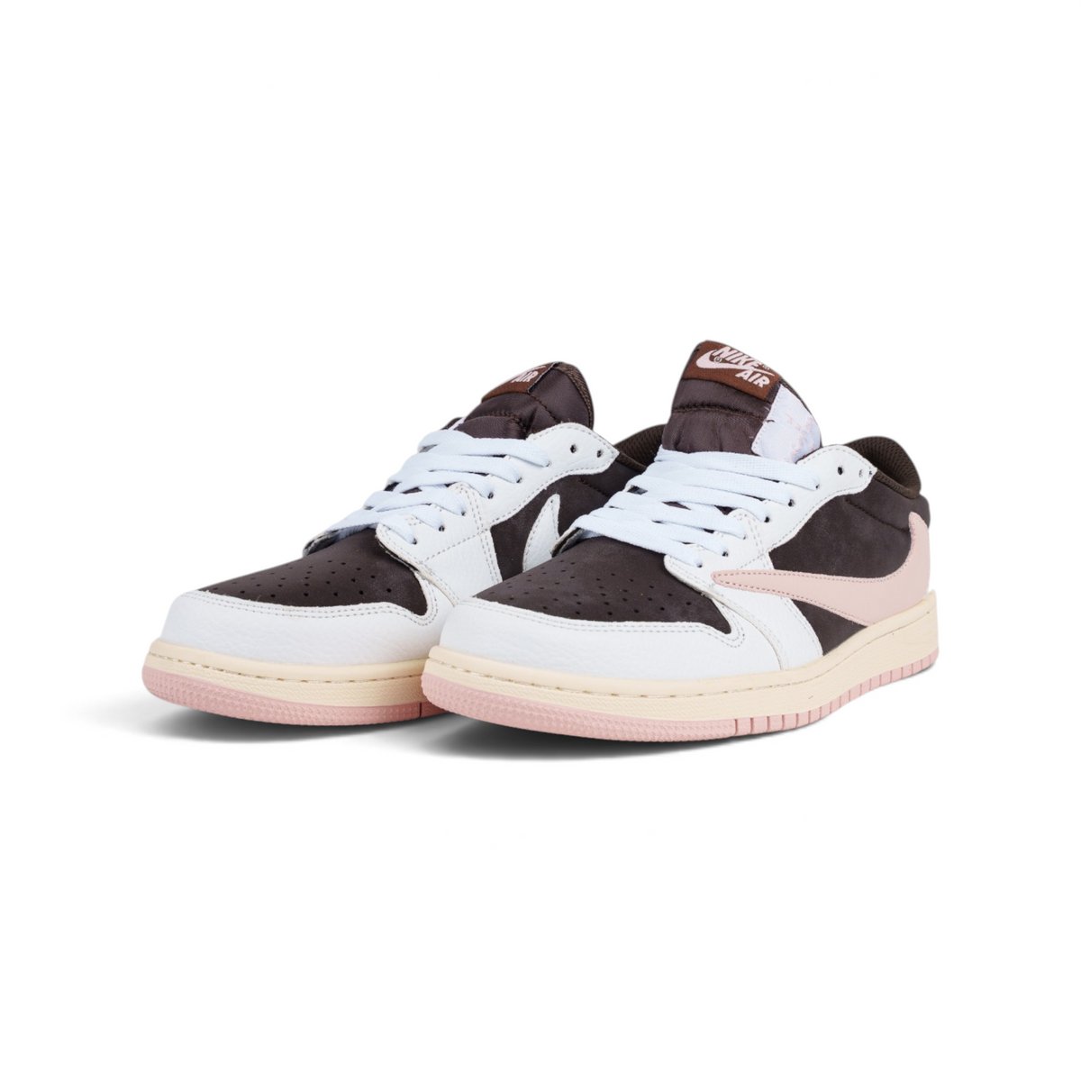 Nike Air Jordan 1 Low Travis Scott Pink Brown коричнево-розовые кроссовки — пара, вид спереди сбоку | GAMEOVERSHOP