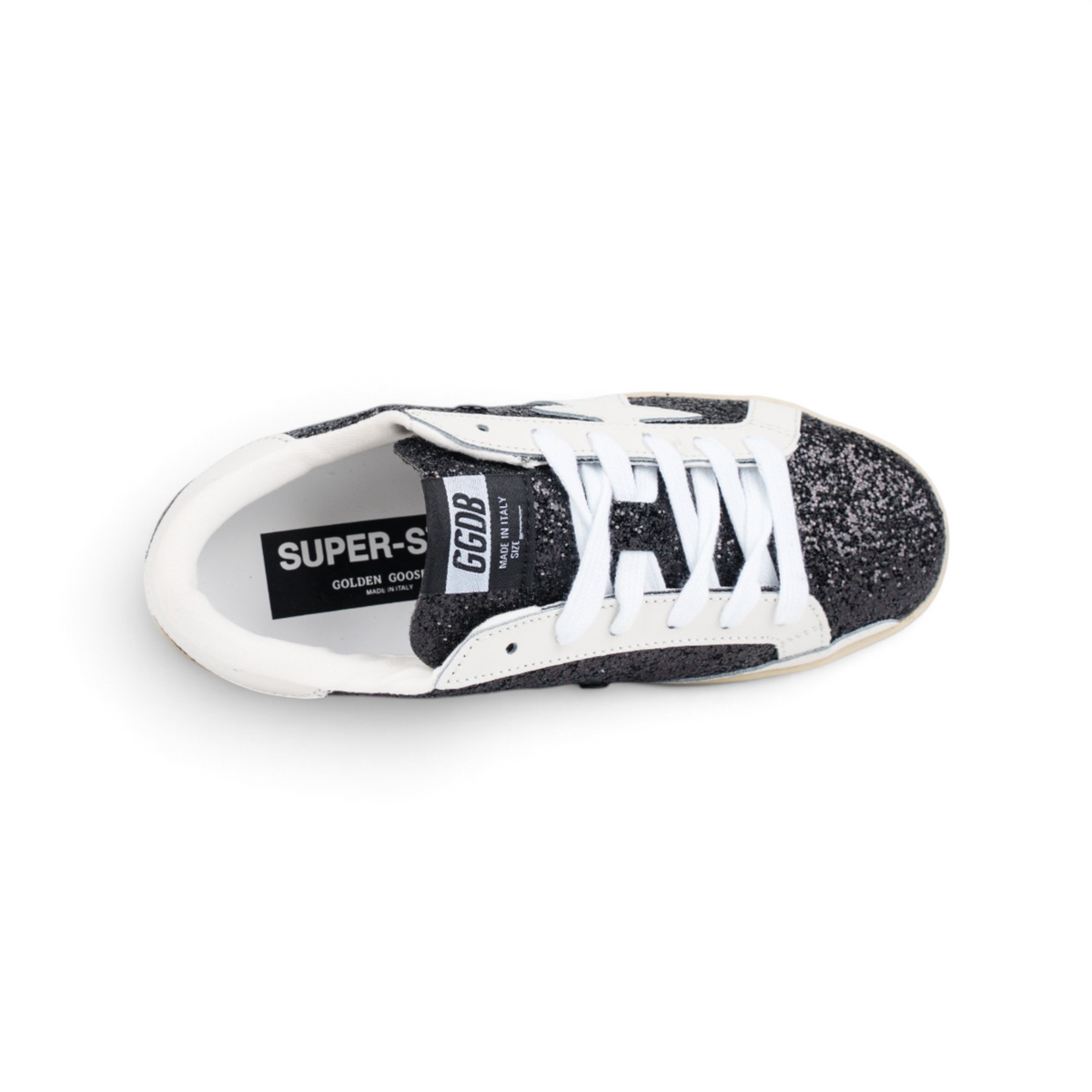 Golden Goose Superstar чёрные глиттерные с белой звездой кроссовки — вид сверху | GAMEOVERSHOP