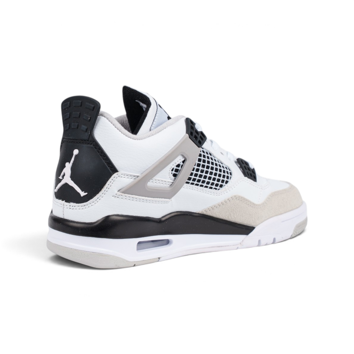 Nike Air Jordan 4 Retro Military Black белые с бежевыми вставками кроссовки — вид сзади под углом | GAMEOVERSHOP