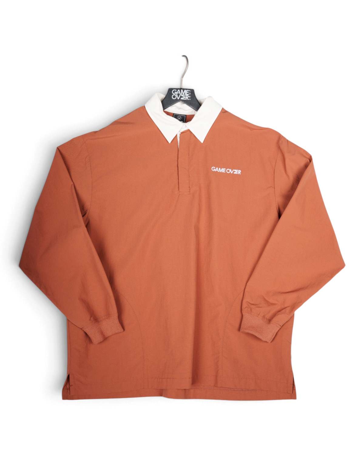 Polo T-Shirt GO Brown терракотовое поло с кремовым воротником — общий вид на вешалке | GAMEOVERSHOP