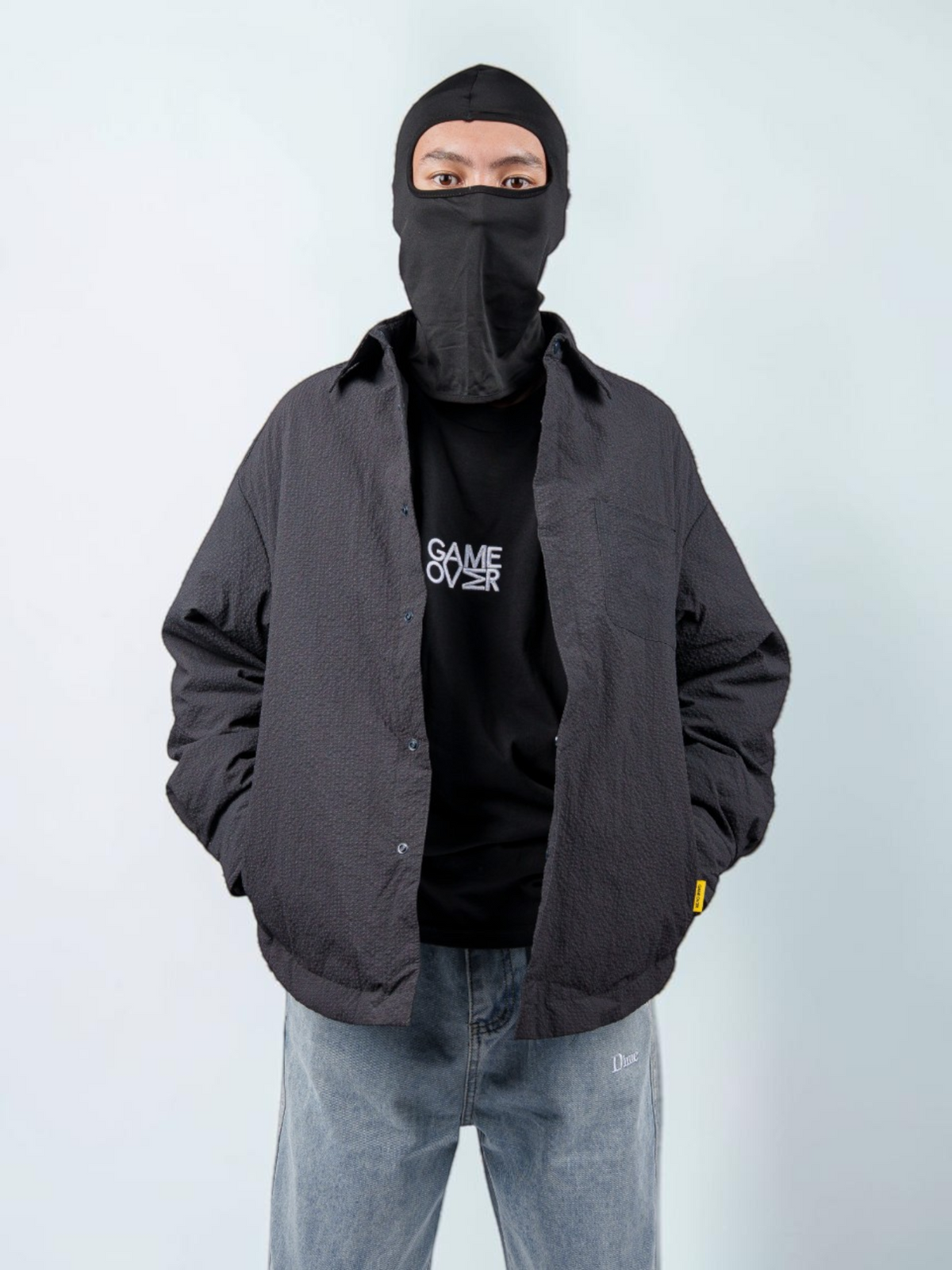 Jacket GO Total Black тёмная куртка-рубашка — вид спереди с открытой застёжкой | GAMEOVERSHOP