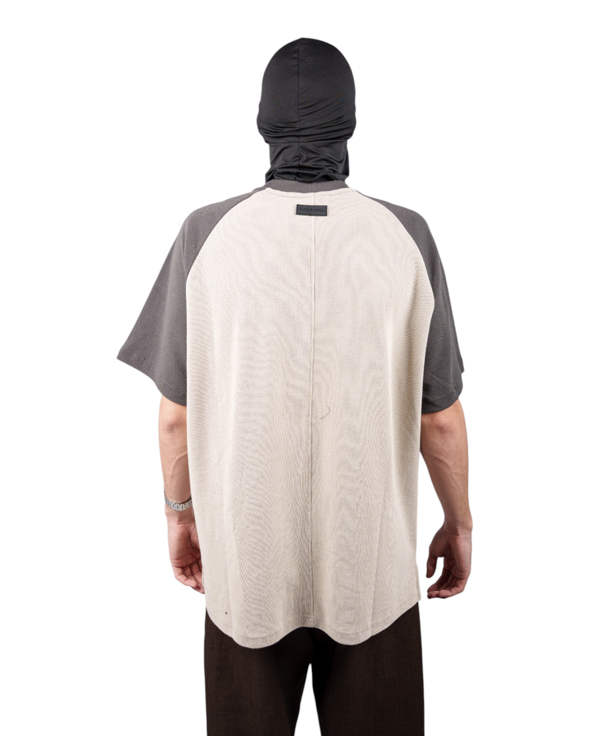T-Shirt GO бежевая футболка с тёмными рукавами — вид сзади на модели | GAMEOVERSHOP