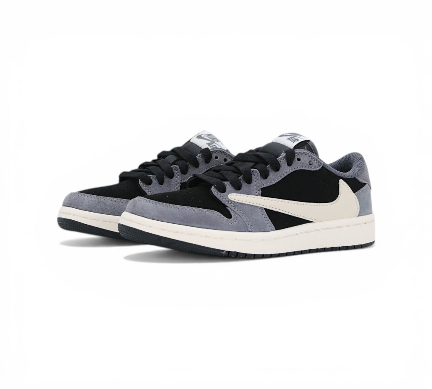 Кроссовки Nike Air Jordan 1 Low Travis Scott, черно-серые с бежевыми деталями, вид сбоку