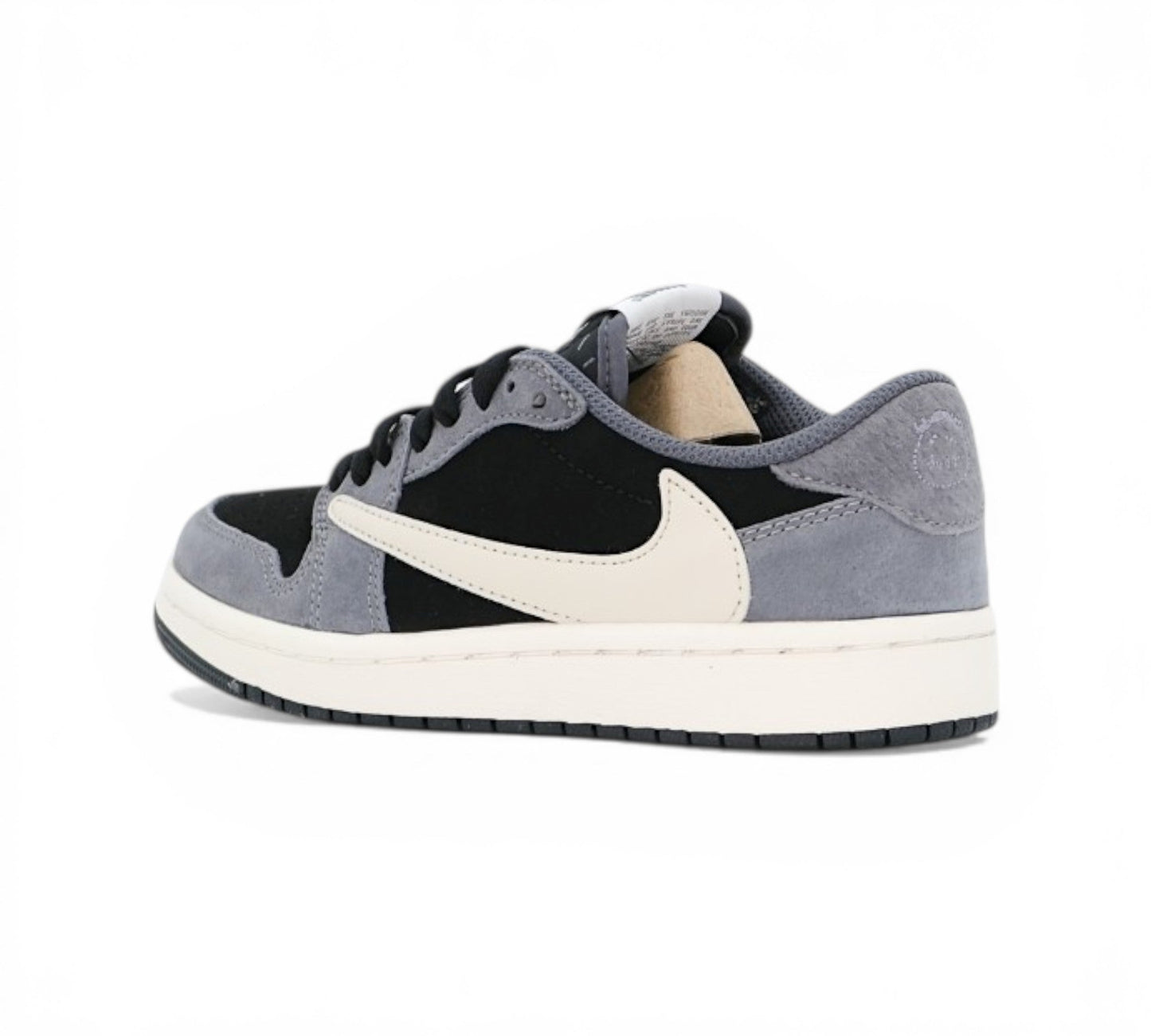 Кроссовки Nike Air Jordan 1 Low Travis Scott, черно-серые с бежевыми деталями, вид сбоку