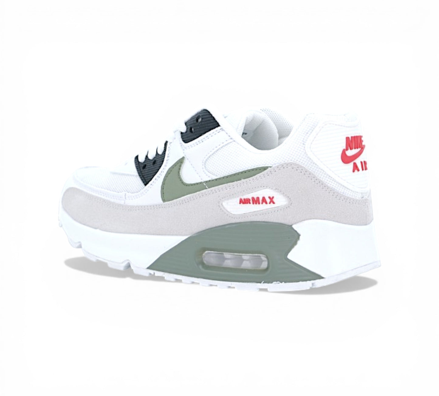 Кроссовки Nike Air Max 90, бело-оливковые, вид сбоку