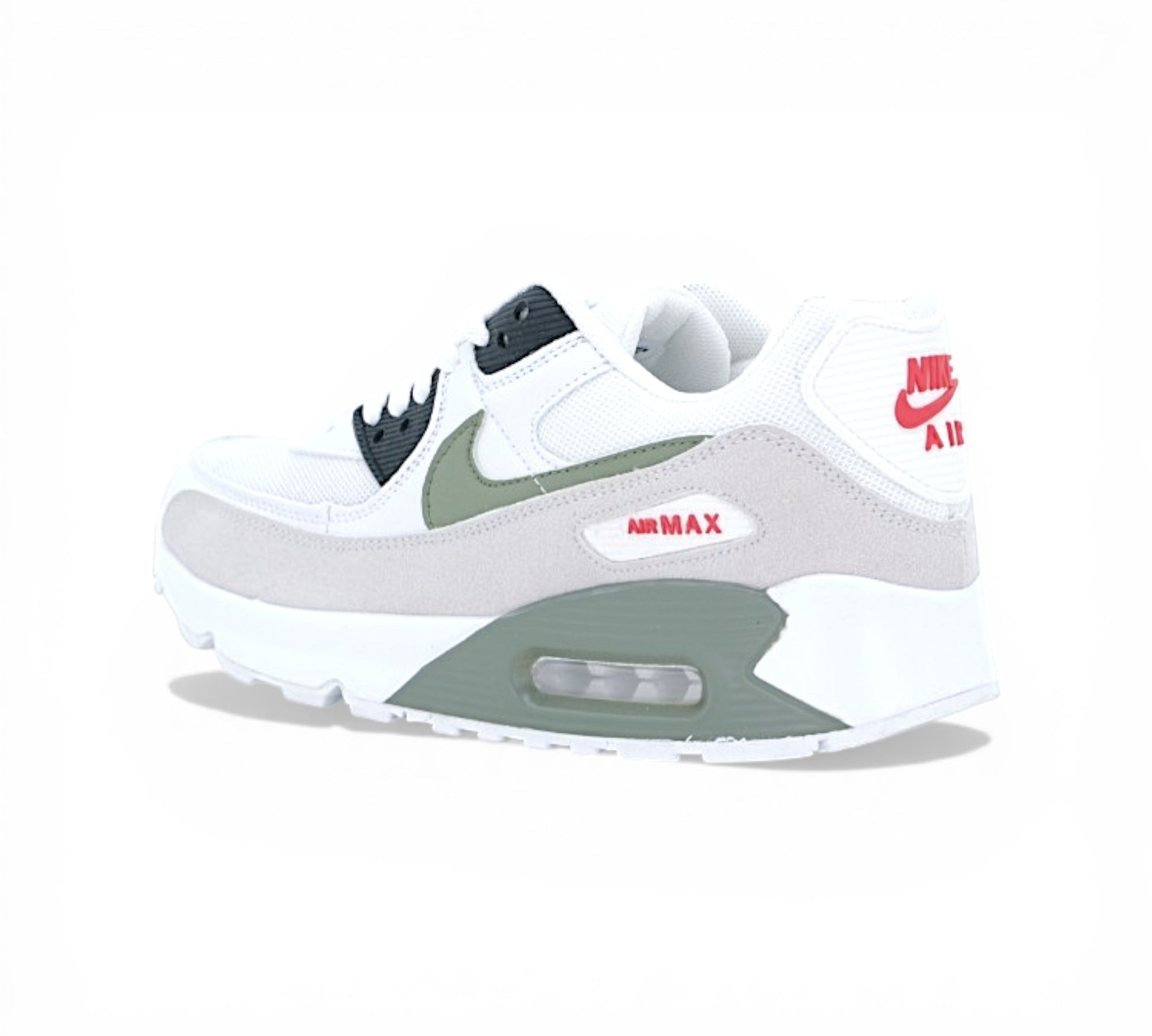 Кроссовки Nike Air Max 90, бело-оливковые, вид сбоку
