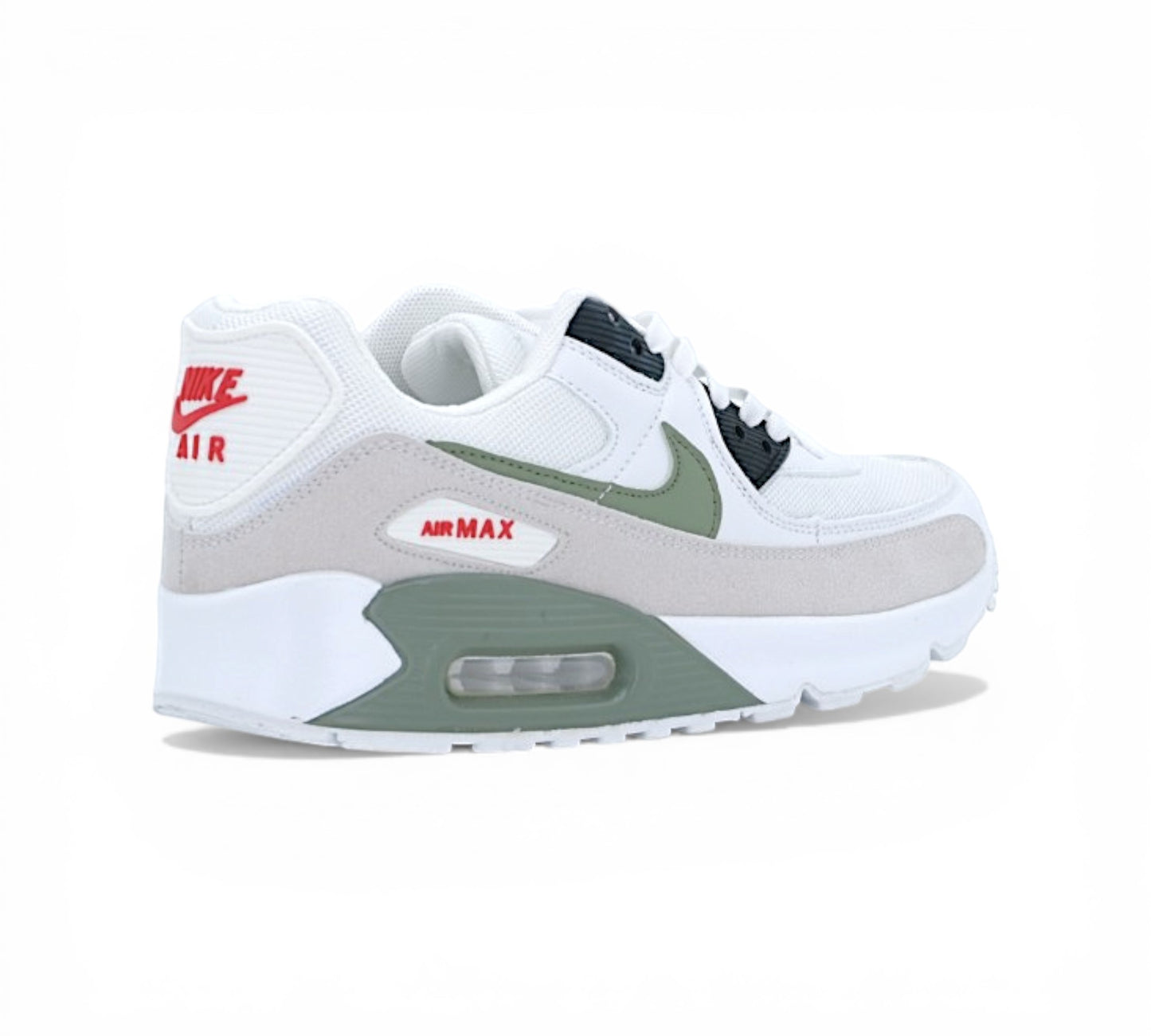Кроссовки Nike Air Max 90, бело-оливковые, вид сбоку