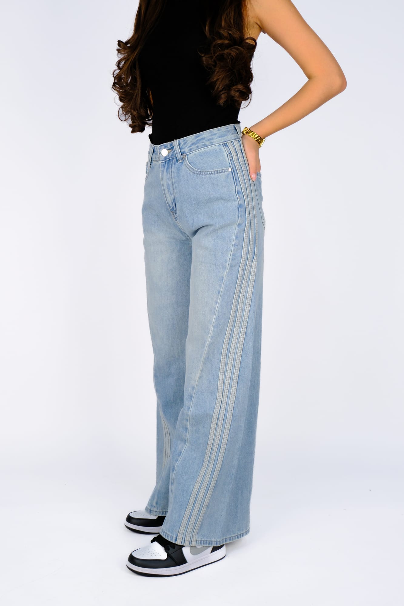 Джинсы wide-leg в полоску — Голубой