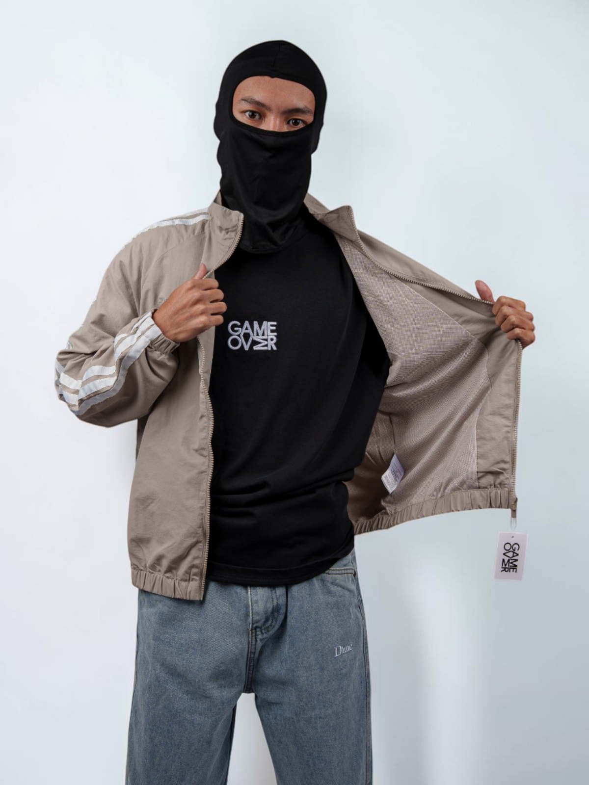 Куртка Adidas с 3 полосами серо-бежевая — вид внутри, подкладка | GAMEOVERSHOP