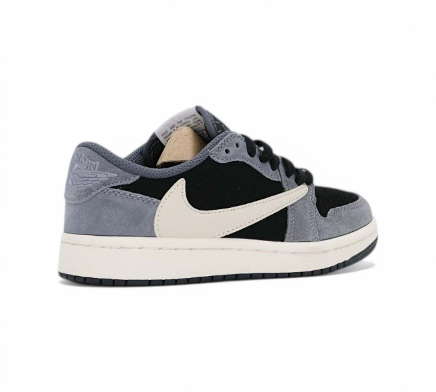Кроссовки Nike Air Jordan 1 Low Travis Scott, черно-серые с бежевыми деталями, вид сбоку