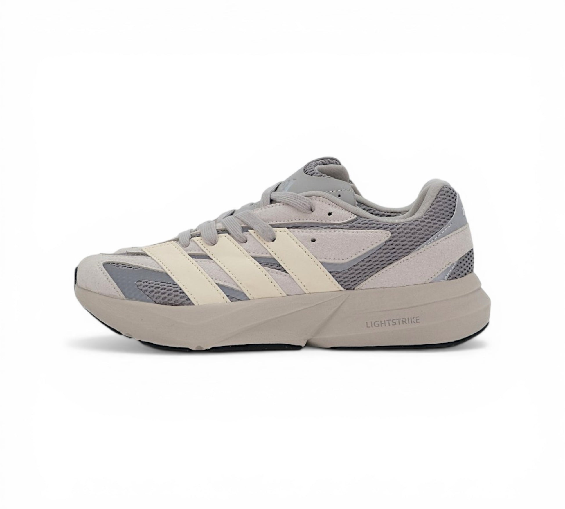Кроссовки Adidas Lightblaze, серые с бежевыми полосками, вид сбоку