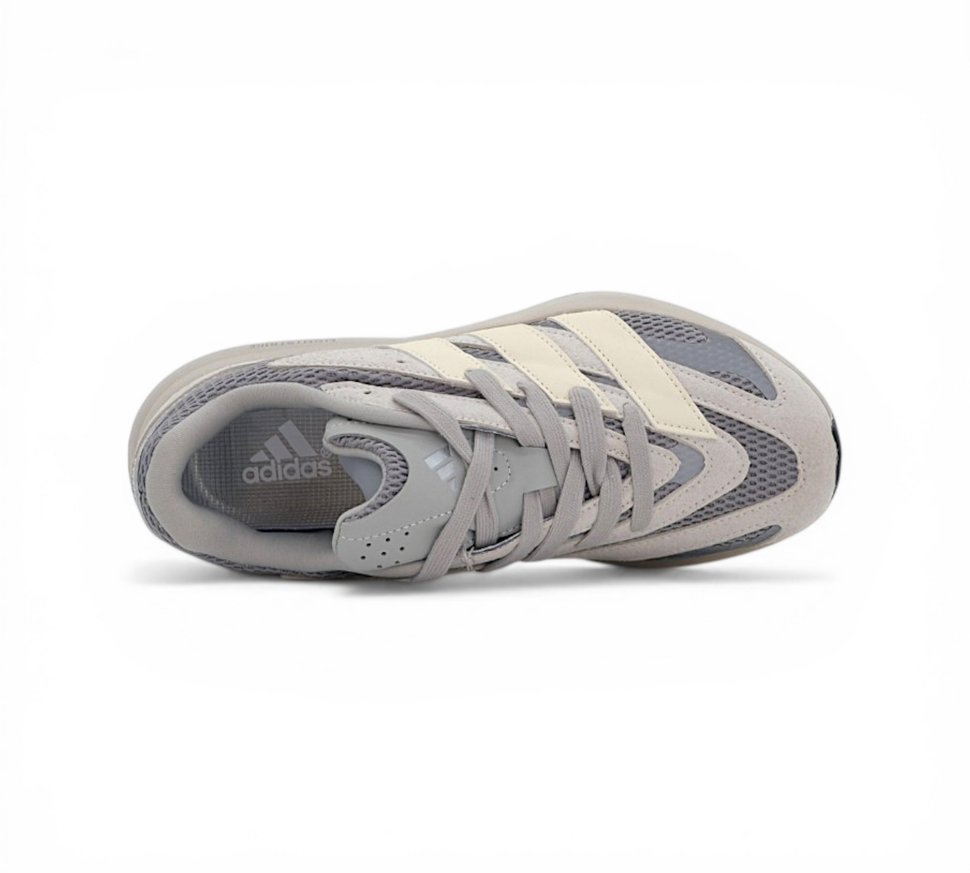 Кроссовки Adidas Lightblaze, серые с бежевыми полосками, вид сбоку