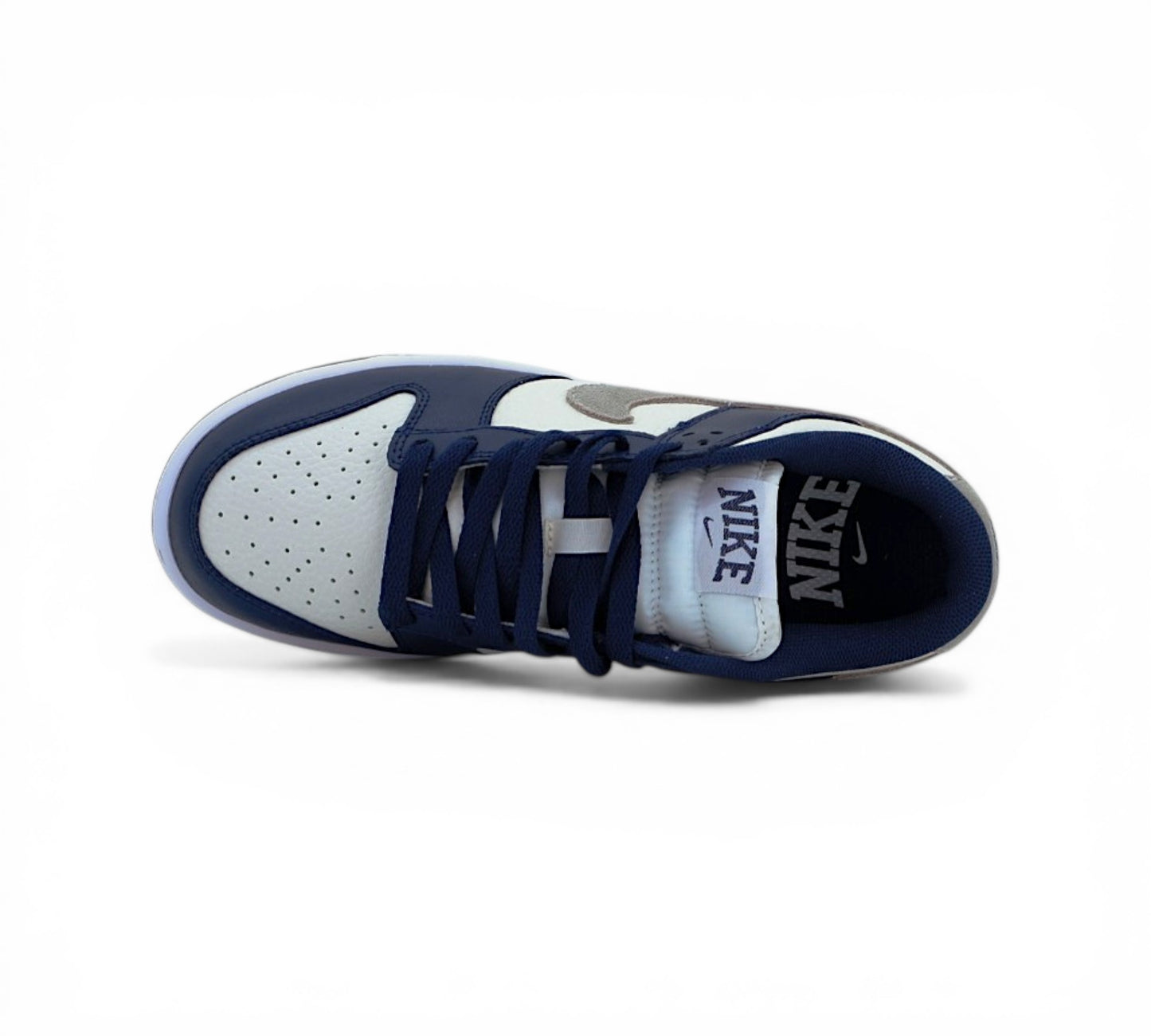 Кроссовки Nike Dunk Low, тёмно-синие с белым и серым, вид сбоку